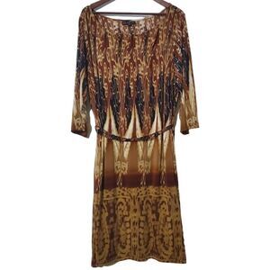 Mlle Gabrielle Belted Sheath Dress Size 3X Tan Brown Native Abstract Womens